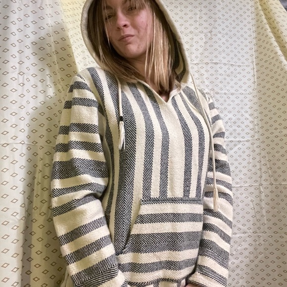 Cream Medium Beach Life Poncho w/ Black Stripes & Kangaroo Pocket - Picture 6 of 7